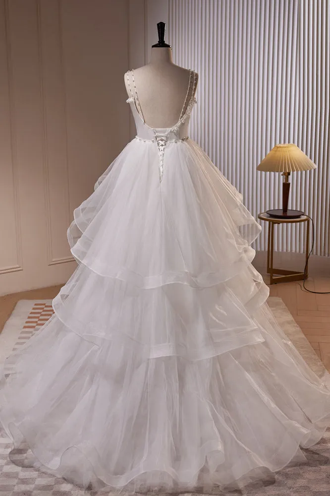 White V Neck Spaghetti Straps Beading A Line Tulle Wedding Gown