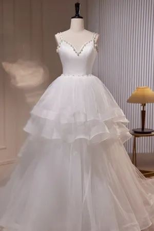 White V Neck Spaghetti Straps Beading A Line Tulle Wedding Gown