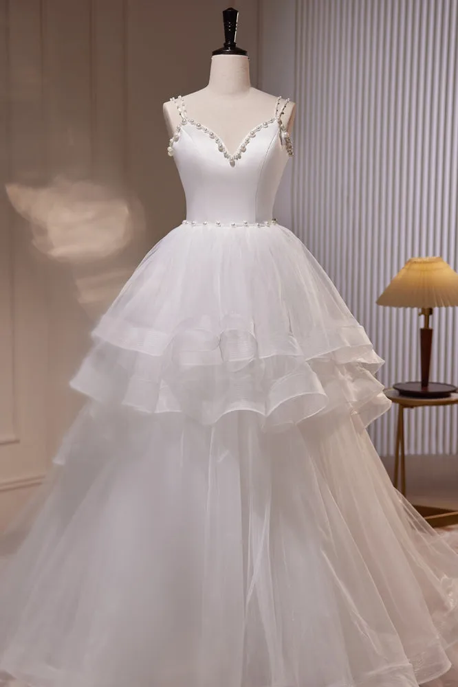 White V Neck Spaghetti Straps Beading A Line Tulle Wedding Gown