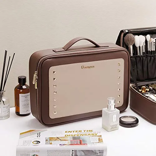 Women Rivet Train Case Makeup Organizer with Brush Compartment Waterproof Travelling Cosmetic Bag 16"x11.4"x4.3"