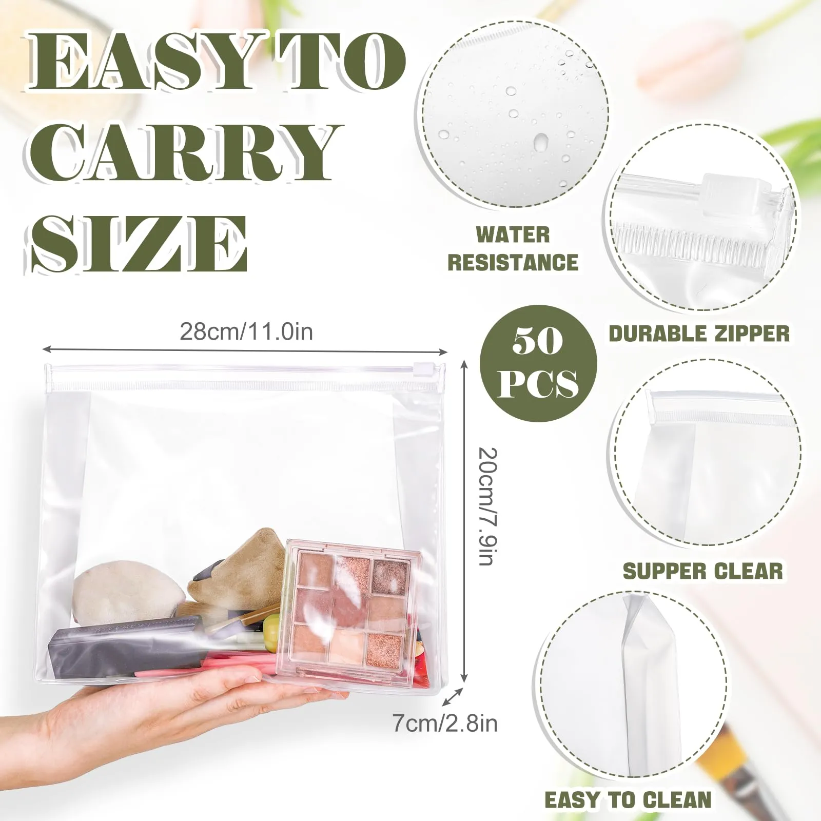 Xuniea 50 Pieces Mini Clear Makeup Bag Small Clear Zipper Pouch Travel Bag for Toiletries Plastic Cosmetic Organizer Waterproof for Women Men Vacation(11'',Transparent)