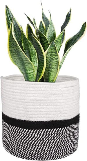 Yarlung 11 Inch Cotton Rope Plant Basket with Handles, Modern Indoor Planters Woven Basket for 10 Inch Flower Pot, Floor, Shelf, Home Decor, Black and White Stripes
