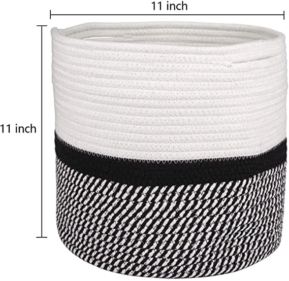 Yarlung 11 Inch Cotton Rope Plant Basket with Handles, Modern Indoor Planters Woven Basket for 10 Inch Flower Pot, Floor, Shelf, Home Decor, Black and White Stripes