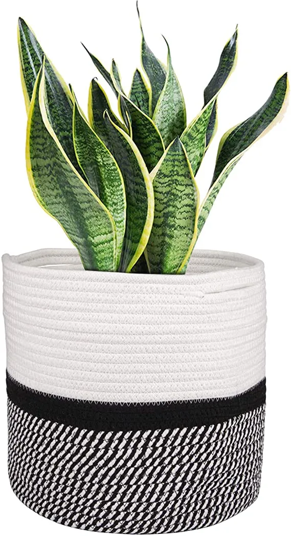 Yarlung 11 Inch Cotton Rope Plant Basket with Handles, Modern Indoor Planters Woven Basket for 10 Inch Flower Pot, Floor, Shelf, Home Decor, Black and White Stripes
