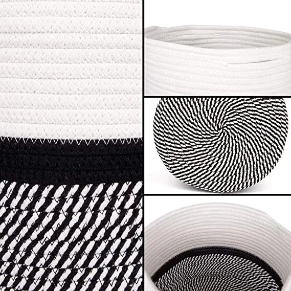 Yarlung 11 Inch Cotton Rope Plant Basket with Handles, Modern Indoor Planters Woven Basket for 10 Inch Flower Pot, Floor, Shelf, Home Decor, Black and White Stripes