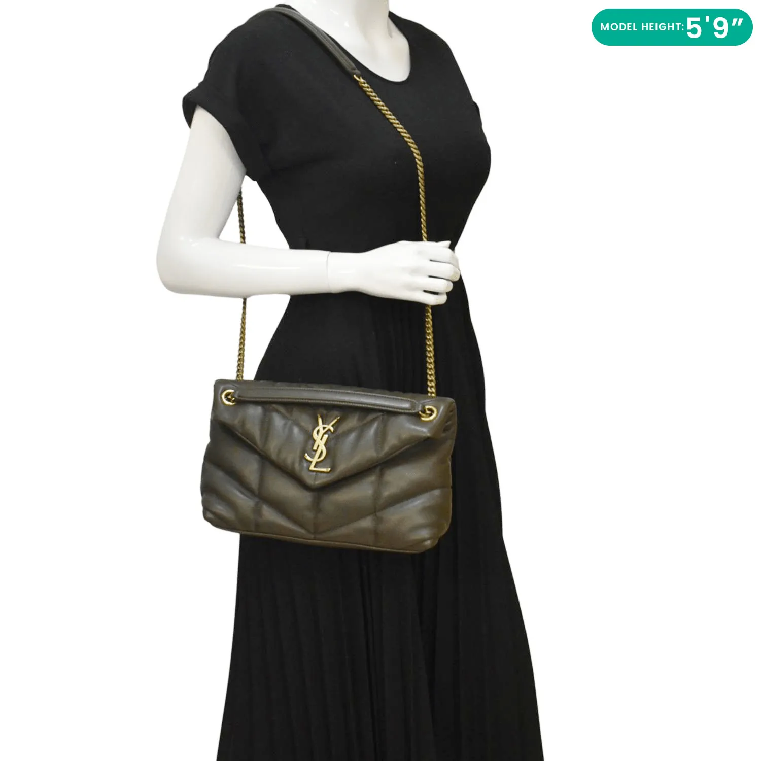 YVES SAINT LAURENT Loulou Puffer Small Quilted Lambskin Leather Chain Crossbody Bag Olive