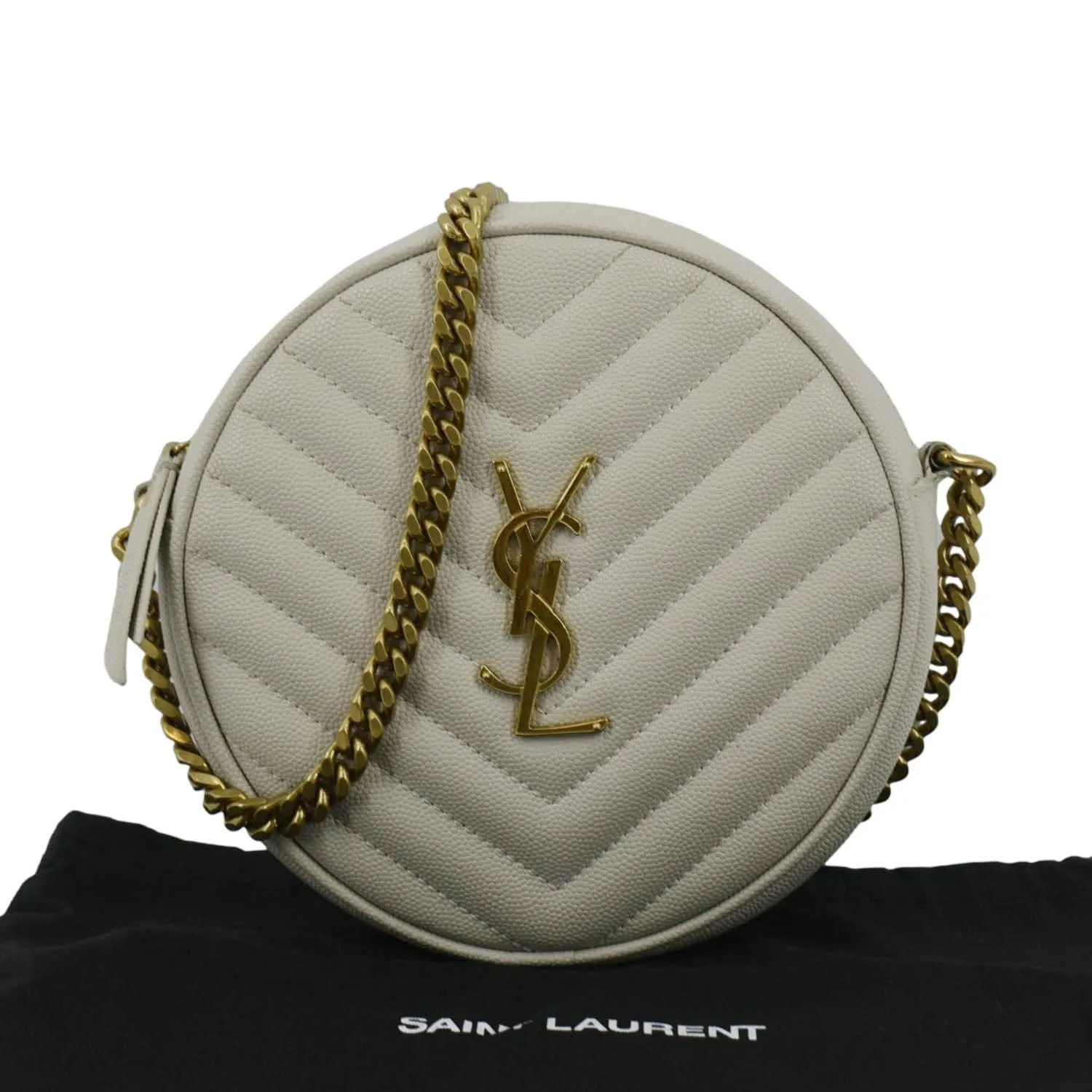 YVES SAINT LAURENT Vinyle Round Chevron Leather Camera Crossbody Bag Grey